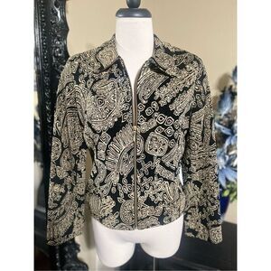 Lorizoni Black Gold Brocade Jacket Women’s XS Ornate Baroque Rhinestone Zip Blaz